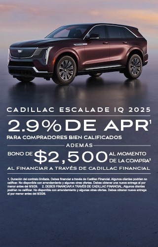 APR del 2.9% por 60 meses para compradores con buena calificación, más bono de compra de $2,500 al financiar a través de Cadillac Financial.
