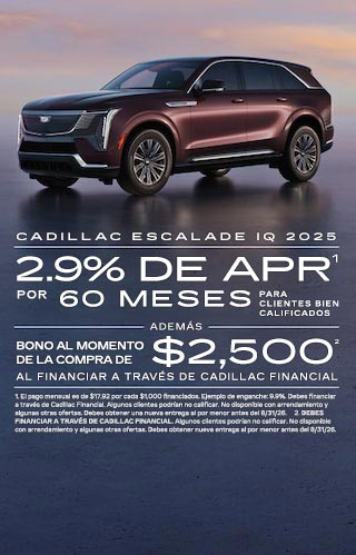 APR del 2.9% por 60 meses para compradores con buena calificación, más bono de compra de $2,500 al financiar a través de Cadillac Financial.