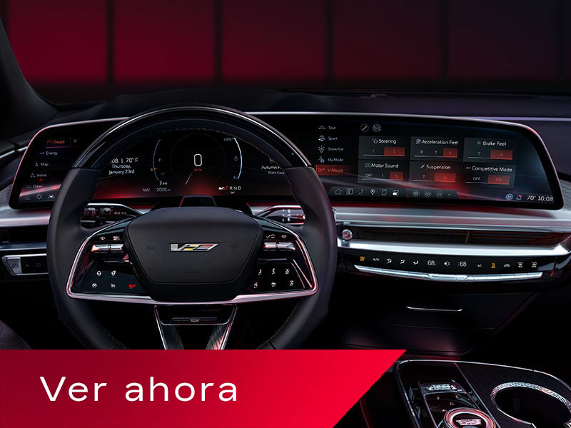 Imagen en miniatura del video que muestra el interior de Cadillac LYRIQ-V 2027 con volante, panel de instrumentos digital y una pantalla LED de 33".