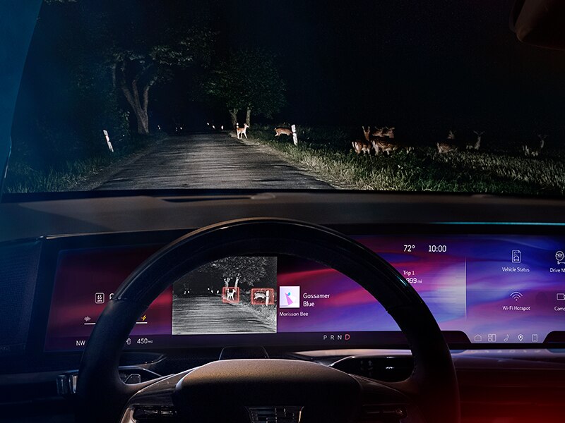 Visión nocturna de Cadillac ESCALADE IQ 2025 capturando la imagen de venados en el camino adelante del vehículo